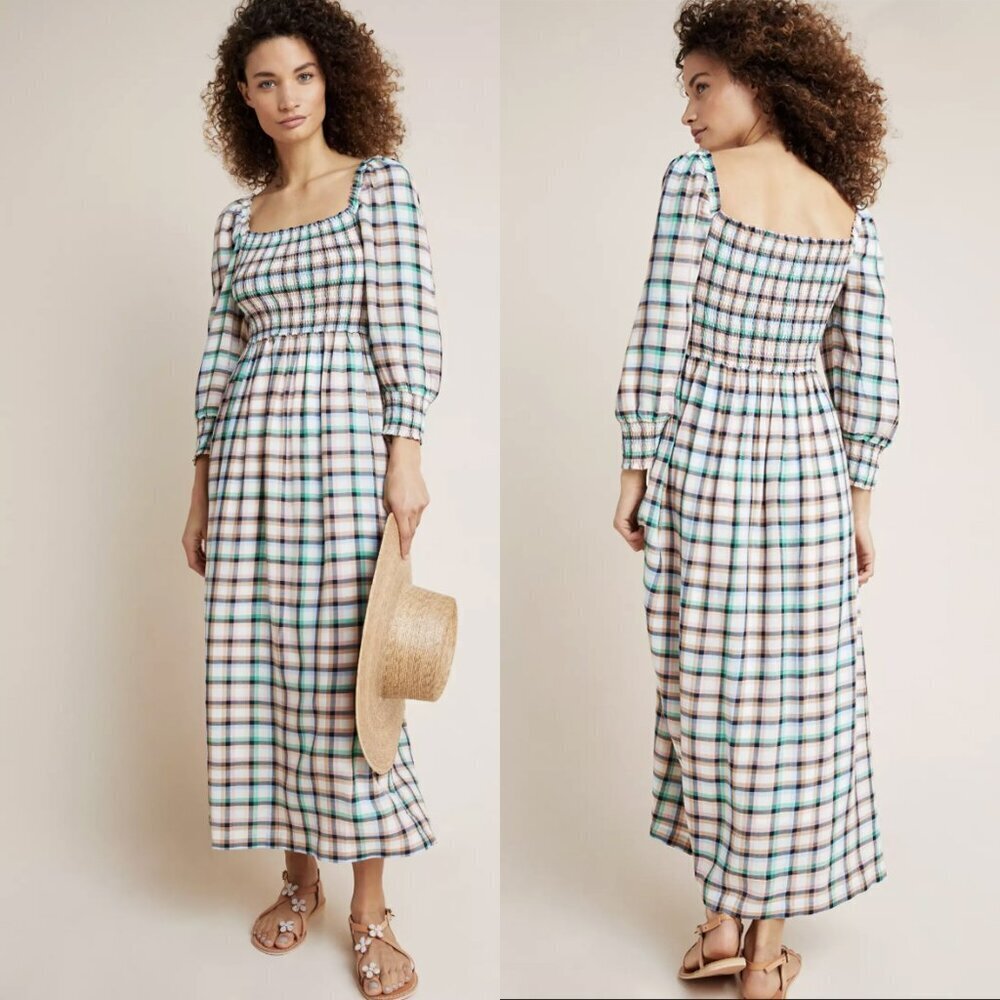 Anthropologie Maeve Cerie Smocked Lined Plaid 3/4 Puff Sleeve Midi Dress, Medium